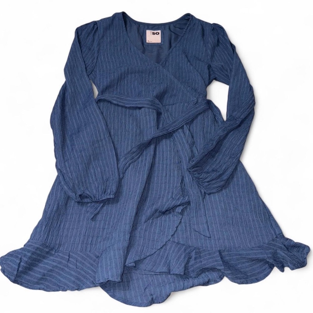 SO blue dress with ruffle hem and tie waist